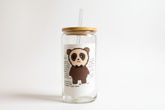 Cocoa the Dejected Speckled Bear 16oz glass tumbler with bamboo lid